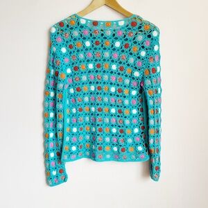 Aqua Blue Knit Long Sleeve Top with Full Crochet Dot Front